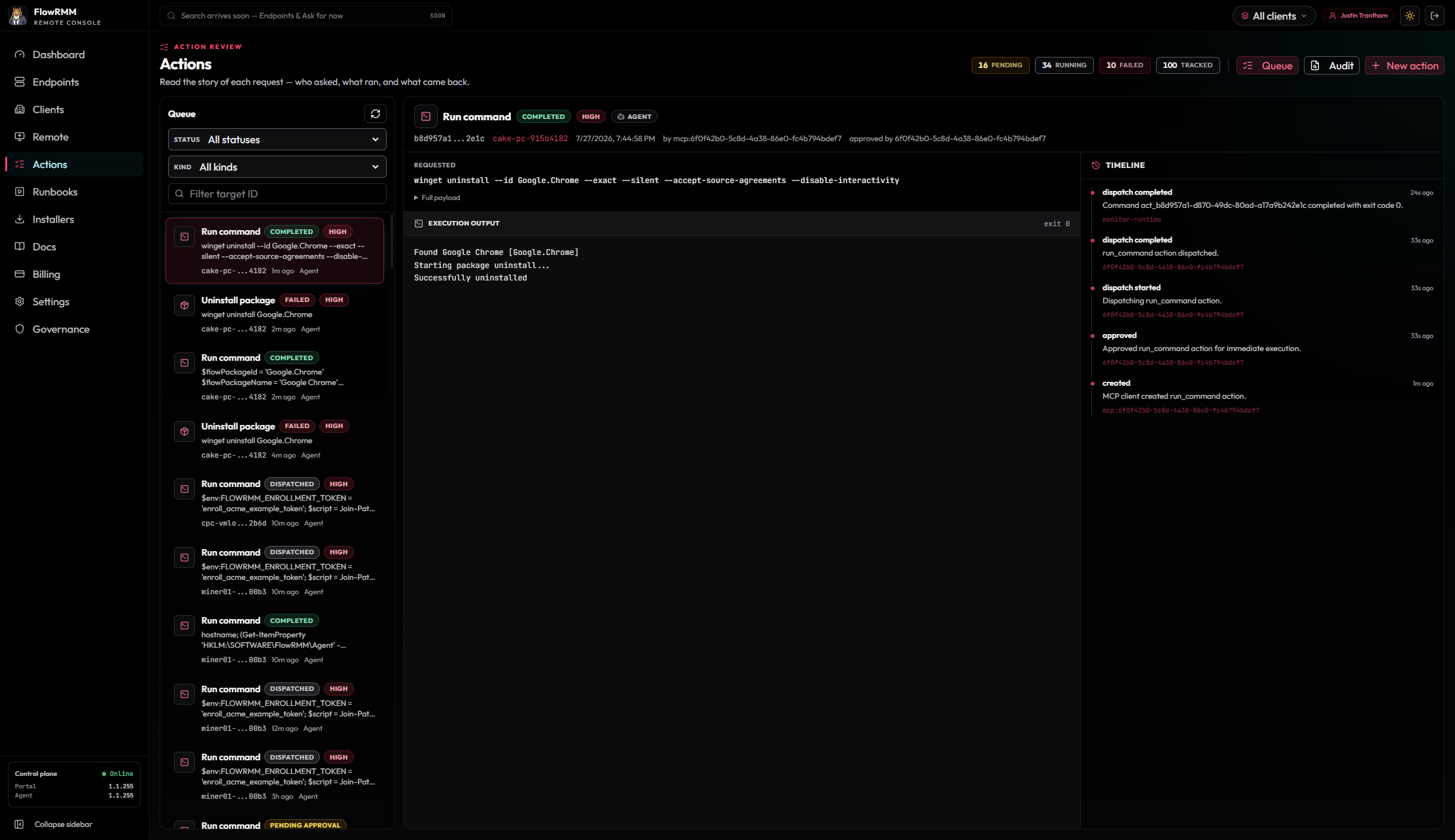FlowRMM Actions showing a completed winget uninstall of Google Chrome on Windows endpoint CAKE-PC with exit 0 output.