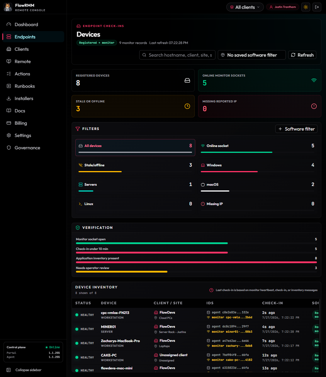FlowRMM Endpoints inventory showing enrolled Acme devices, online status, and client or site assignment.