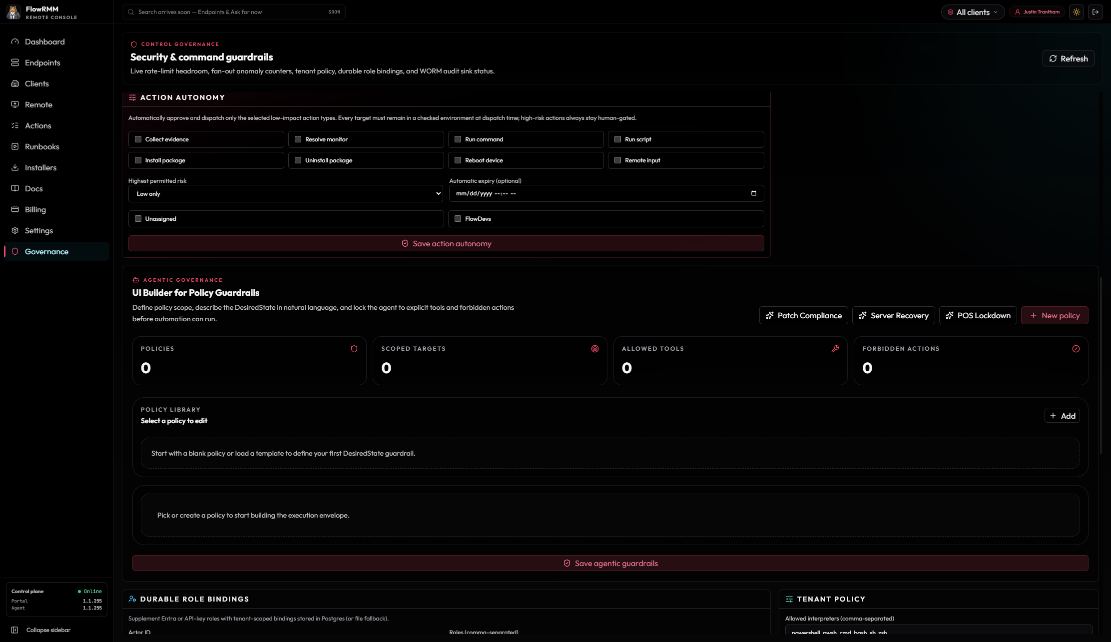 FlowRMM Governance Action autonomy controls for selecting low-impact action types that can auto-approve.