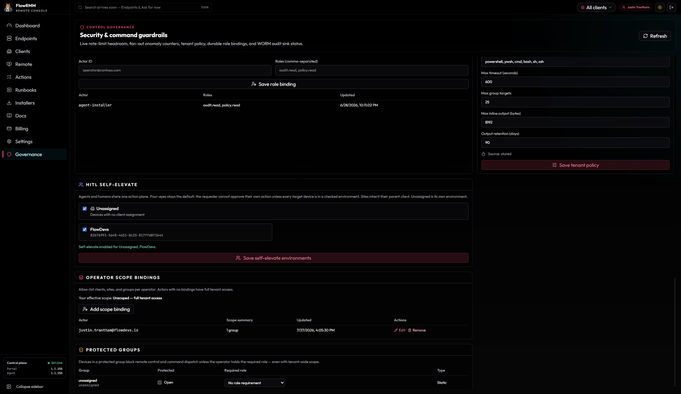 FlowRMM Governance HITL self-elevate settings with four-eyes default and client environment allowlist.